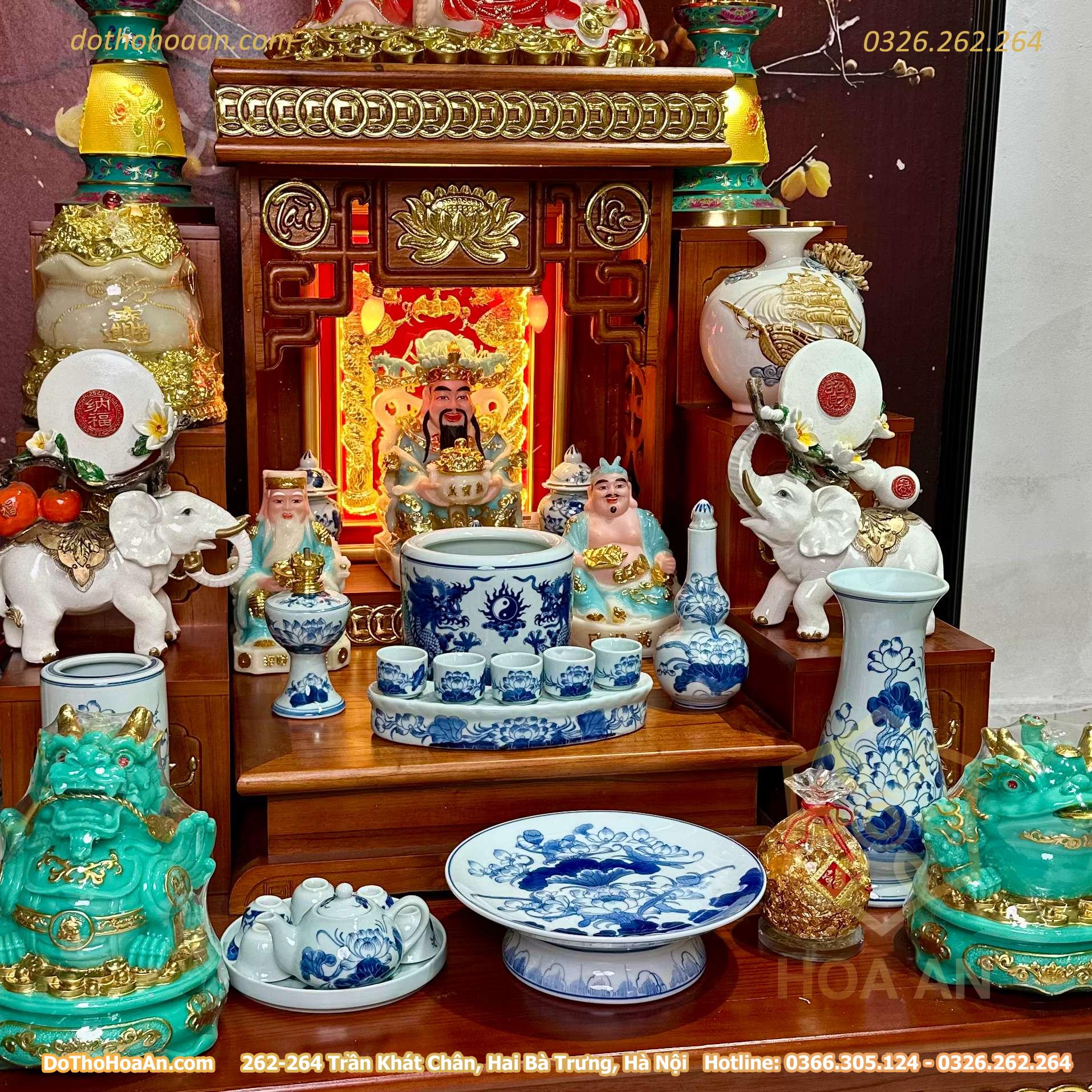 Bộ Ban Thờ Thần Tài Hiện Đại Gỗ Sồi Triện Sen Dát Vàng Màu Hương Sứ Men Ngọc (7)