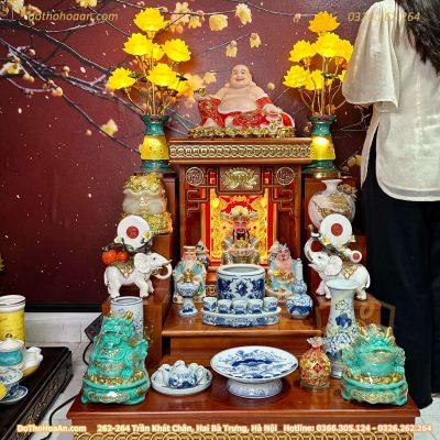 Bộ Bàn Thờ Thần Tài Hiện Đại Gỗ Sồi Triện Sen Dát Vàng Màu Hương Sứ Men Ngọc