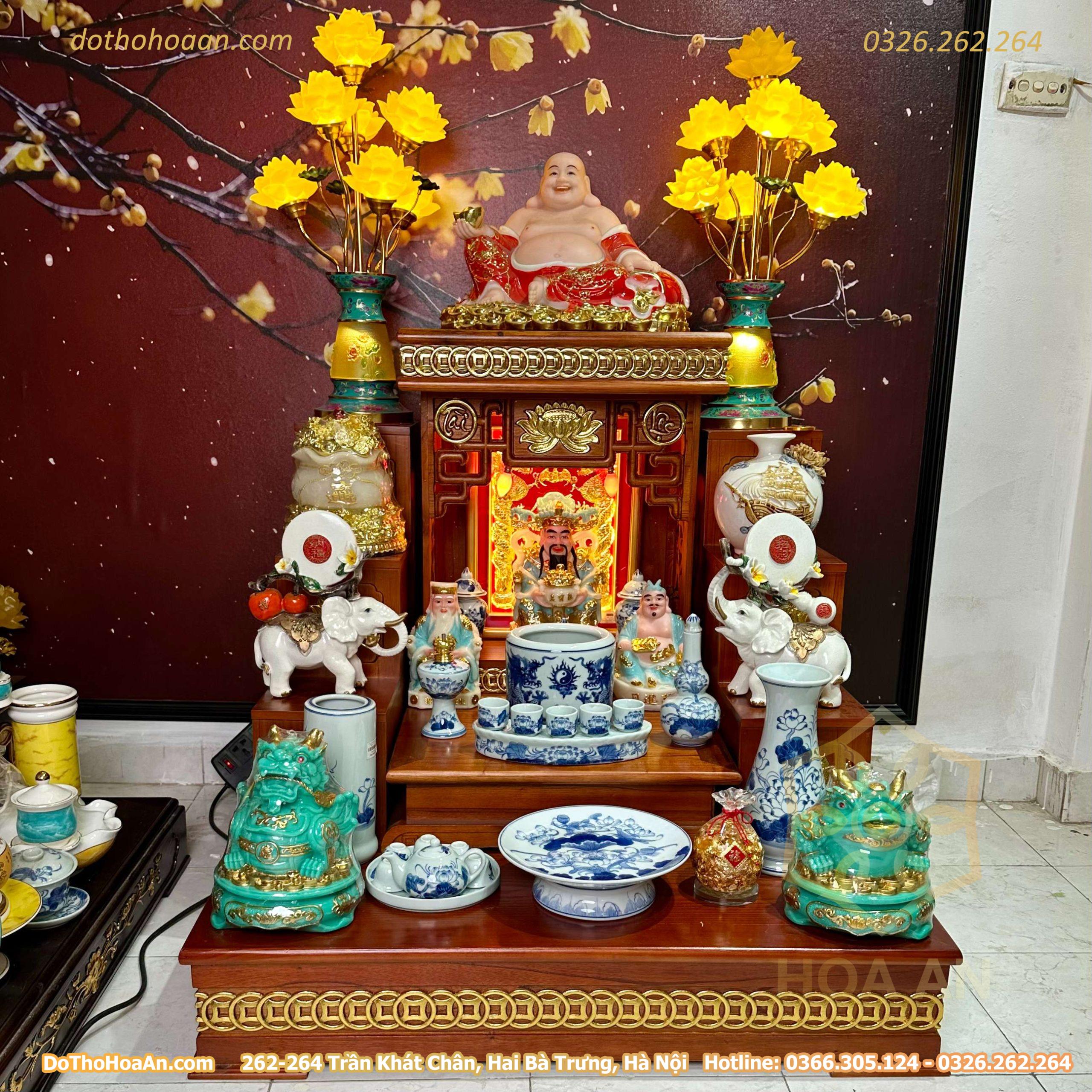 Bộ Ban Thờ Thần Tài Hiện Đại Gỗ Sồi Triện Sen Dát Vàng Màu Hương Sứ Men Ngọc