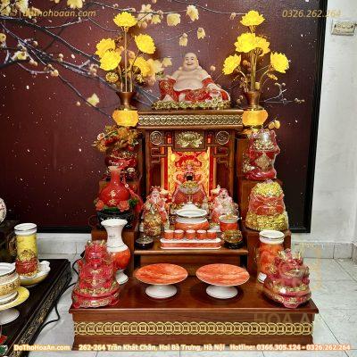 Bộ Ban Thờ Thần Tài Hiện Đại Gỗ Sồi Triện Sen Dát Vàng Màu Hương Sứ Vân Đá Đỏ