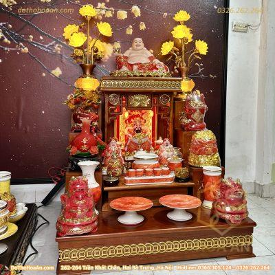 Bộ Ban Thờ Thần Tài Hiện Đại Gỗ Sồi Triện Sen Dát Vàng Màu Hương Sứ Vân Đá Đỏ