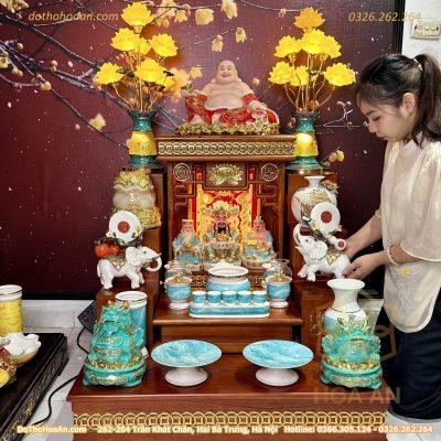 Bộ Bàn Thờ Thần Tài Hiện Đại Gỗ Sồi Triện Sen Dát Vàng Màu Hương Sứ Vân Đá Xanh