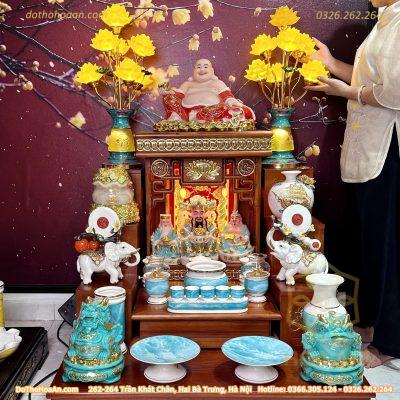Bộ Bàn Thờ Thần Tài Hiện Đại Gỗ Sồi Triện Sen Dát Vàng Màu Hương Sứ Vân Đá Xanh