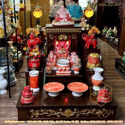 Bộ Bàn Thờ Thần Tài Hiện Đại Gỗ Sồi Triện Sen Dát Vàng Màu Nâu Sứ Vân Đá Đỏ