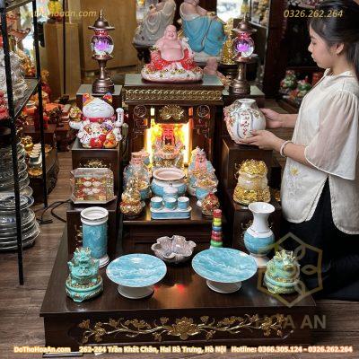 Bộ Bàn Thờ Thần Tài Hiện Đại Gỗ Sồi Triện Sen Dát Vàng Màu Nâu Sứ Vân Đá Xanh