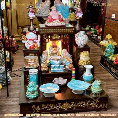 Bộ Bàn Thờ Thần Tài Hiện Đại Gỗ Sồi Triện Sen Dát Vàng Màu Nâu Sứ Vân Đá Xanh