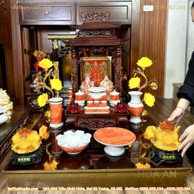 Bộ Ban Thờ Thần Tài Gỗ Xoan 2 Mái Chùa Sứ Vân Đá Đỏ
