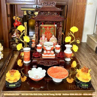Bộ Ban Thờ Thần Tài Gỗ Xoan 2 Mái Chùa Sứ Vân Đá Đỏ1