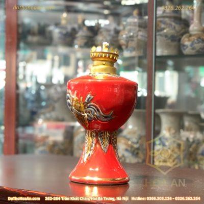 Đèn Dầu Men Đỏ Vẽ Vàng1