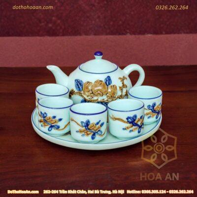 Bộ Trà Men Lam Đắp Nổi