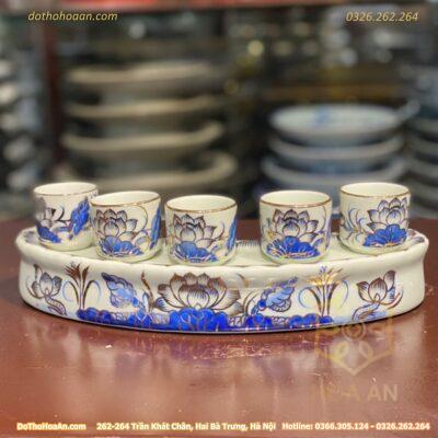Kỷ/ Khay Nước 5 Chén Men Lam Vẽ Vàng 24K