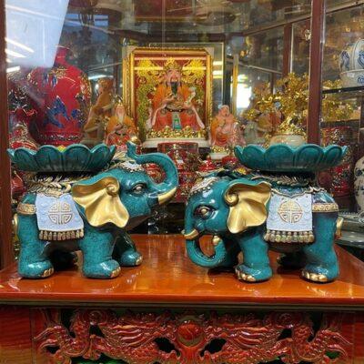 Tượng Voi Dâng Đĩa Quả Màu Xanh