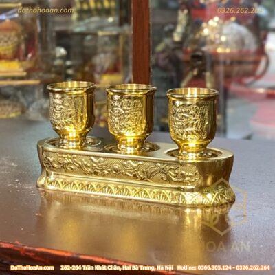 Kỷ/Khay Nước 3 Chén Đồng Vàng