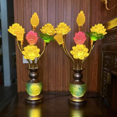 Đèn Thờ 7 Bông Hoa Sen Lưu Ly Hồ Lô Bàn Tay-Cao 62cm