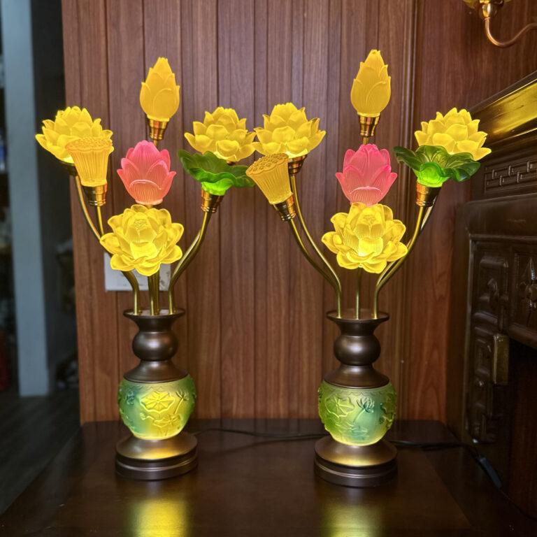 Đèn Thờ 7 Bông Hoa Sen Lưu Ly Hồ Lô Bàn Tay-Cao 62cm