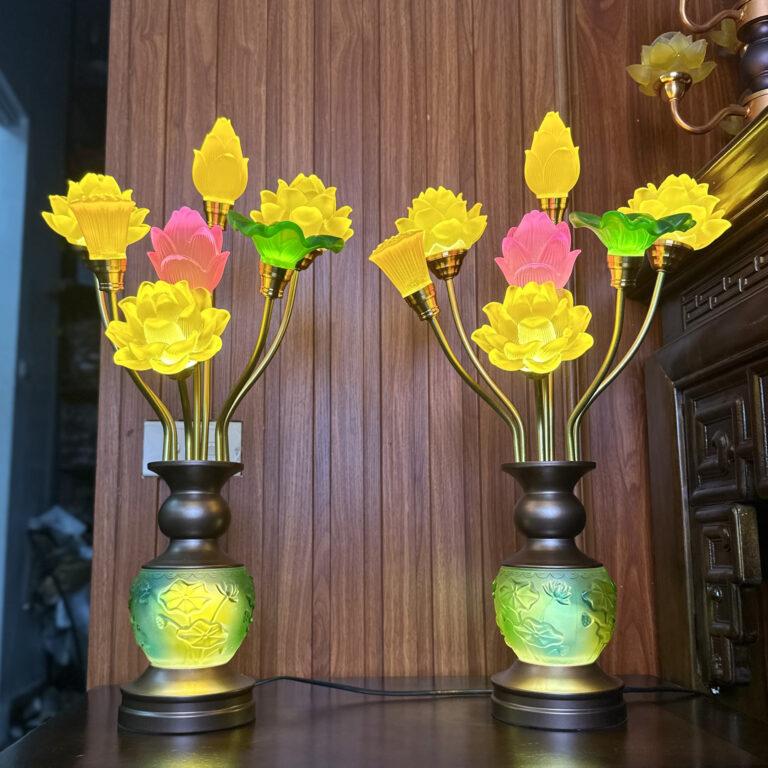Đèn Thờ 7 Bông Hoa Sen Lưu Ly Hồ Lô Bàn Tay-Cao 62cm
