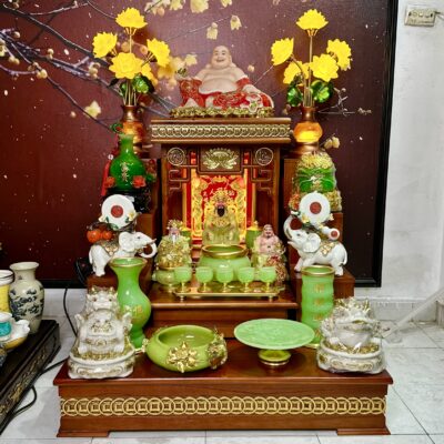 Bộ Ban Thờ Thần Tài Hiện Đại Gỗ Sồi Triện Sen Dát Vàng Màu Hương Lưu Ly Xanh Bọc Đồng