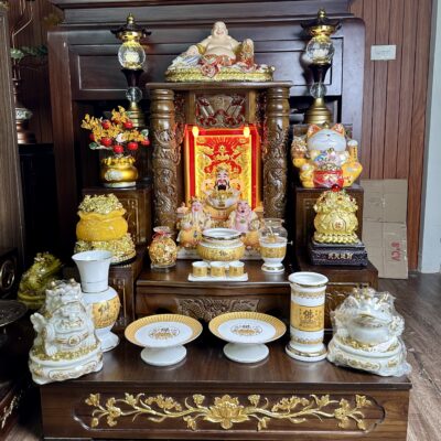 Bộ Ban Thờ Thần Tài Gỗ Xoan Cột Rồng Sứ Bát Nhã Tâm Kinh