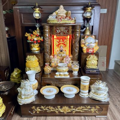 Bộ Ban Thờ Thần Tài Gỗ Xoan Cột Rồng Sứ Bát Nhã Tâm Kinh