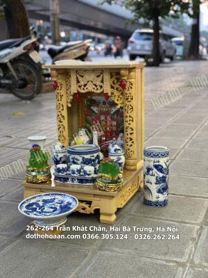 Bộ Ban Thờ Thần Tài Mái Bằng Gỗ Thông Sứ Xanh Bát Tràng 01
