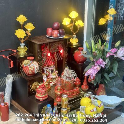 Bộ Ban Thờ Thần Tài Mái Bằng Gỗ Xoan Sứ Đỏ Bát Tràng 01