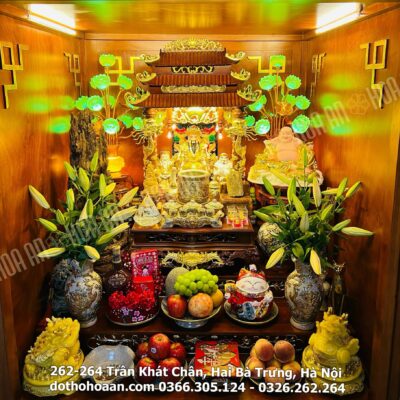 Bộ Ban Thờ Thần Tài Gỗ Hương Sứ Men Rạn Vẽ Vàng Cao Cấp
