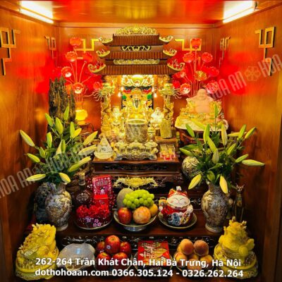 Bộ Ban Thờ Thần Tài Gỗ Hương Sứ Men Rạn Vẽ Vàng Cao Cấp