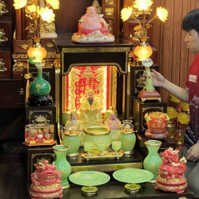 Bộ  Ban Thờ Mái Bằng  Lưu Ly Xanh Bọc Đồng