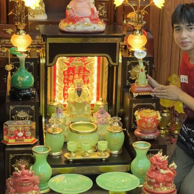 Bộ  Ban Thờ Mái Bằng  Lưu Ly Xanh Bọc Đồng
